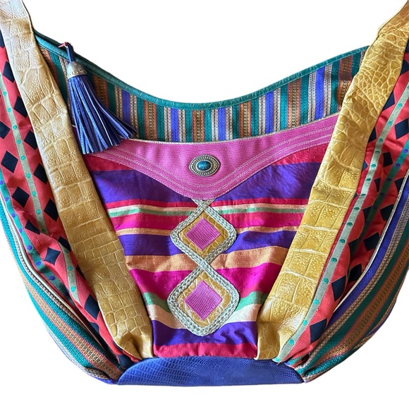 SHARIF Made in USA Multicolor Leather & Fabric Oversized BOHO Shoulder Bag Tote - Picture 3 of 9